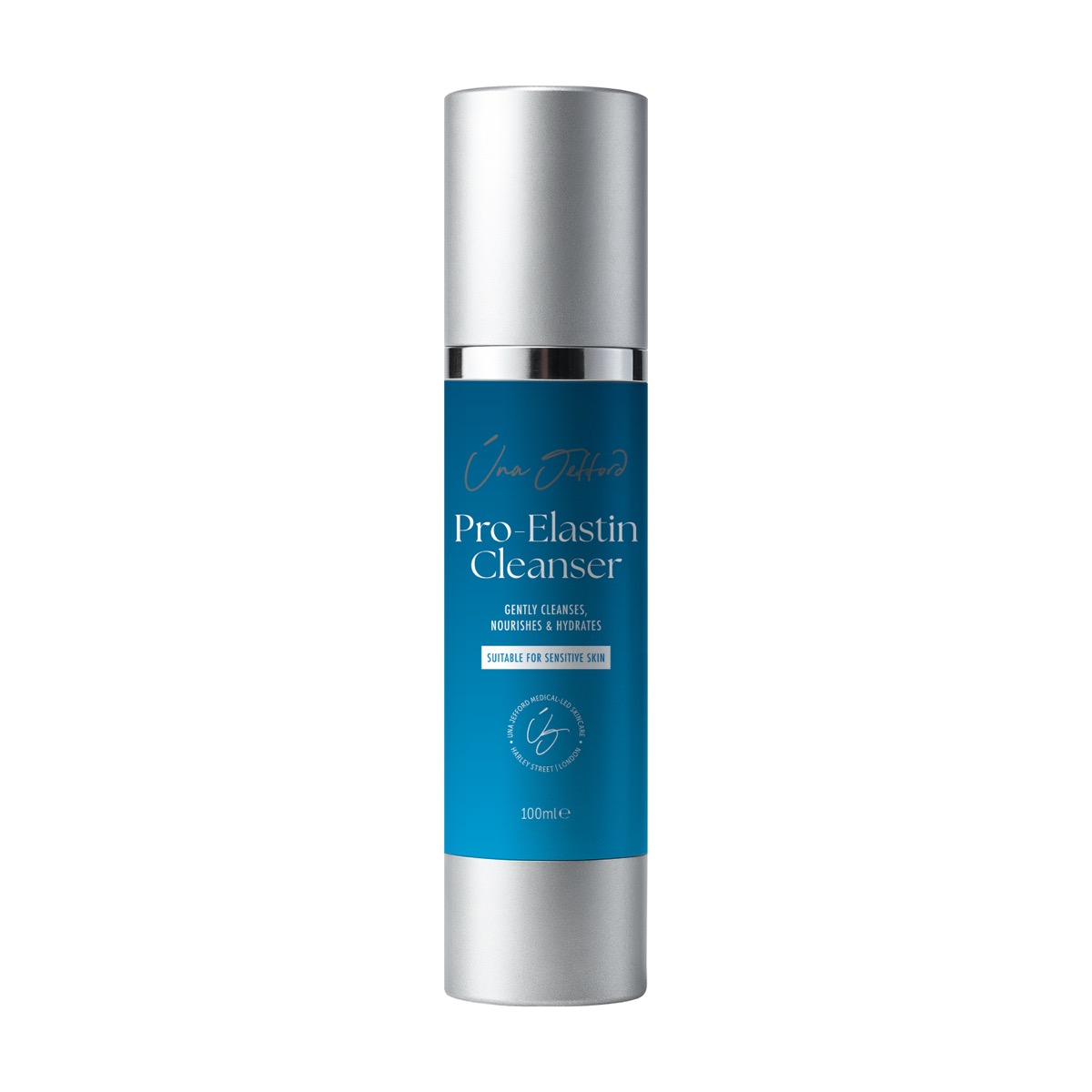 Pro-Elastin Cleanser 100ml — silver airless bottle with ocean-blue Úna Jefford label